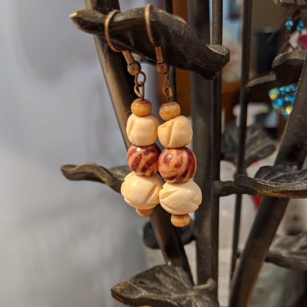 Wood and carved bone ( not ivory ) earrings